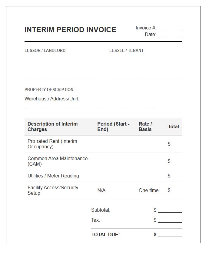Warehouse Lease Interim Period Invoice Template