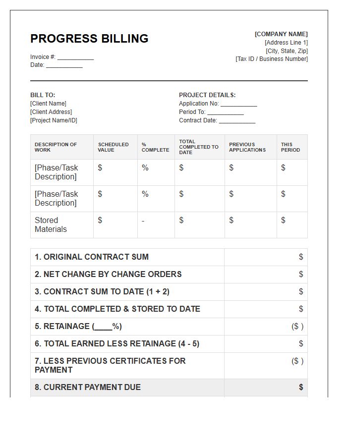 Detailed Progress Billing Invoice Template