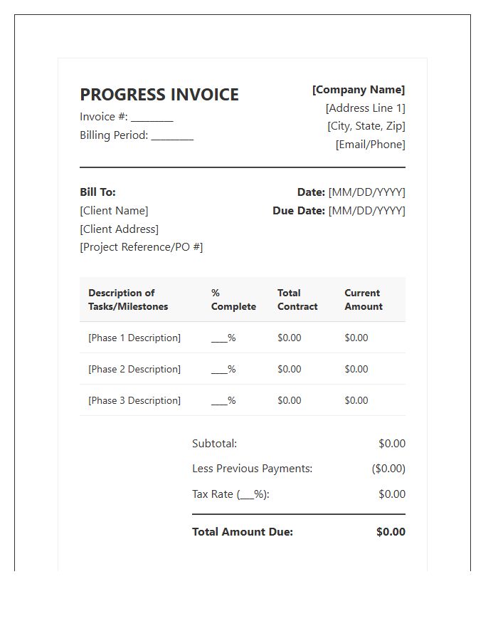 Formal Monthly Progress Invoice Template