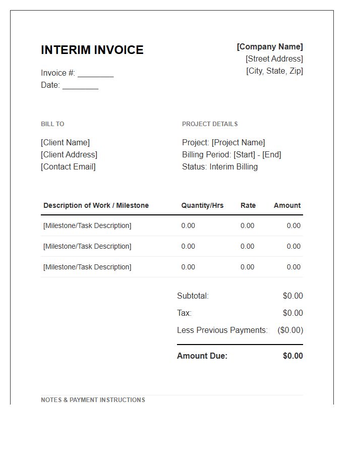 Interim Project Billing Invoice Template
