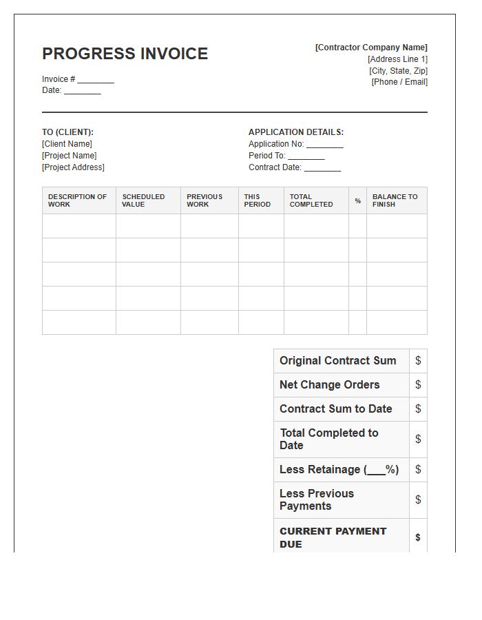 Monthly Construction Progress Invoice Template