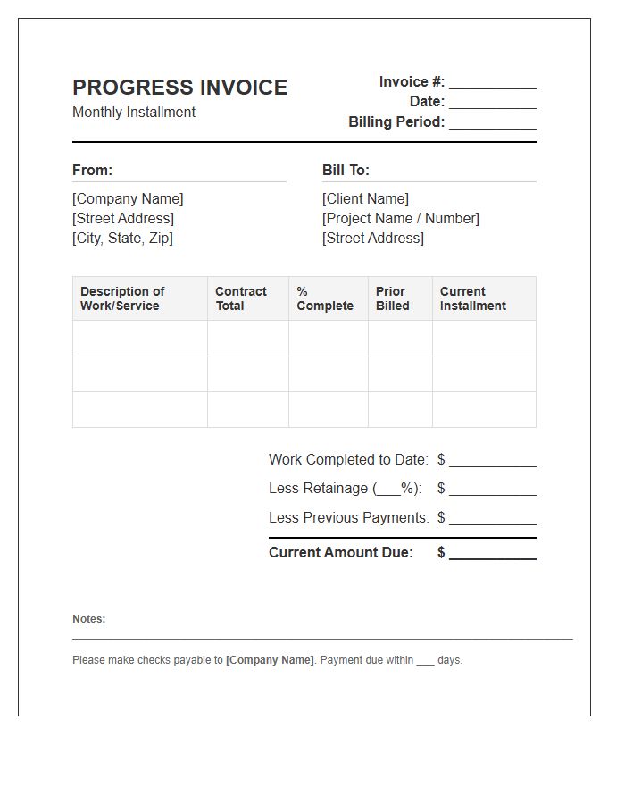Monthly Installment Progress Invoice Template