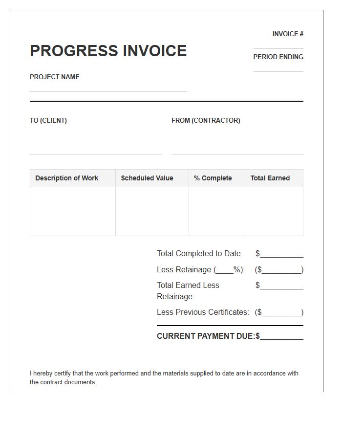 Monthly Retainage Progress Invoice Template