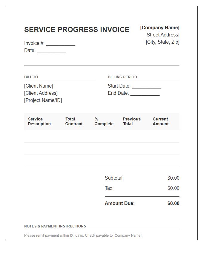 Monthly Service Progress Invoice Template