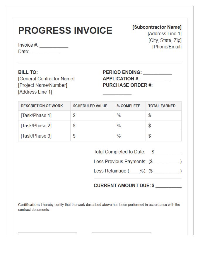 Subcontractor Monthly Progress Invoice Template