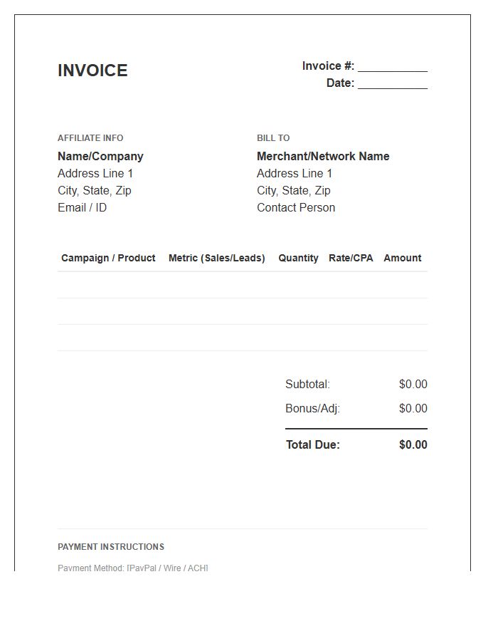 Affiliate Marketing Performance Invoice Template
