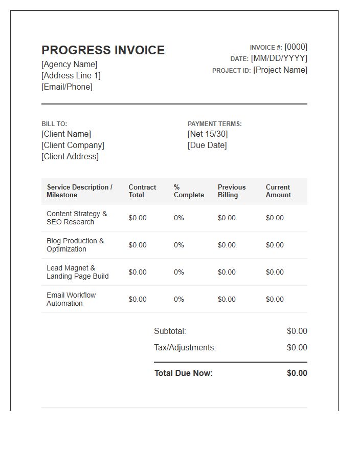 Inbound Marketing Progress Invoice Template