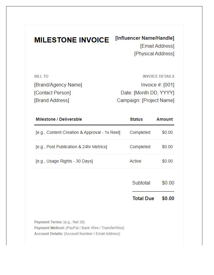 Influencer Marketing Milestone Invoice Template