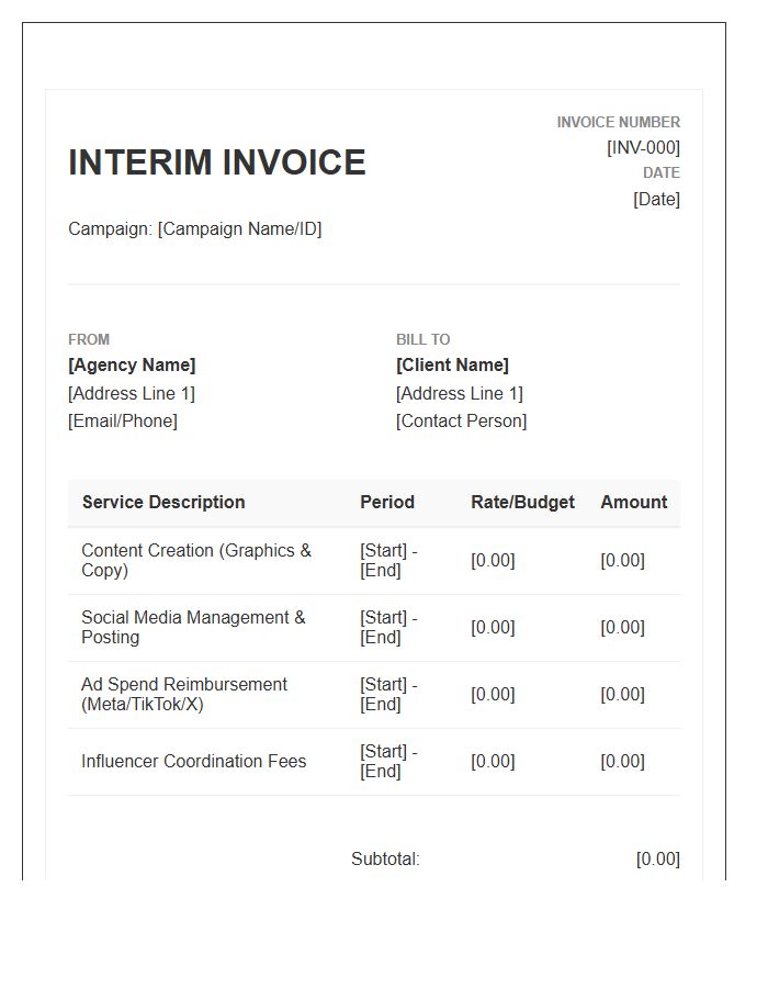 Social Media Campaign Interim Invoice Template