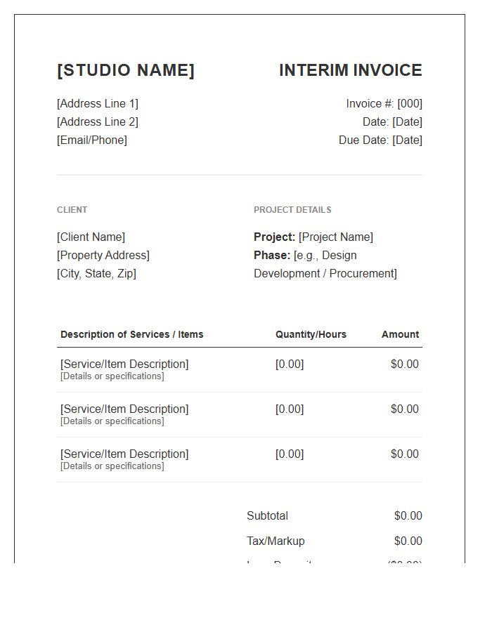 Interior Decorating Project Phase Interim Invoice Template