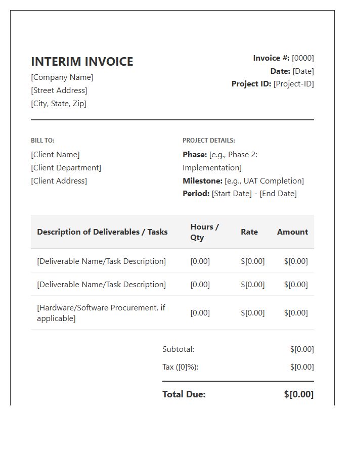 IT Implementation Project Phase Interim Invoice Template