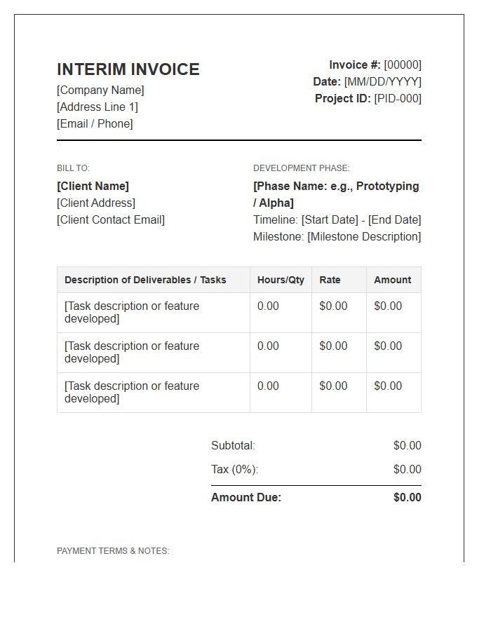Product Development Phase Interim Invoice Template