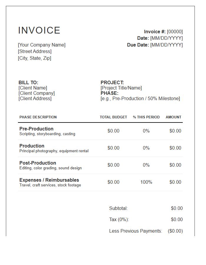 Video Production Phased Interim Invoice Template