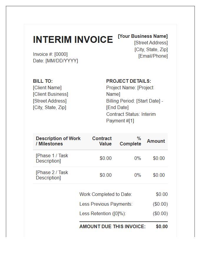 Contractor Interim Billing Invoice Template For Small Business
