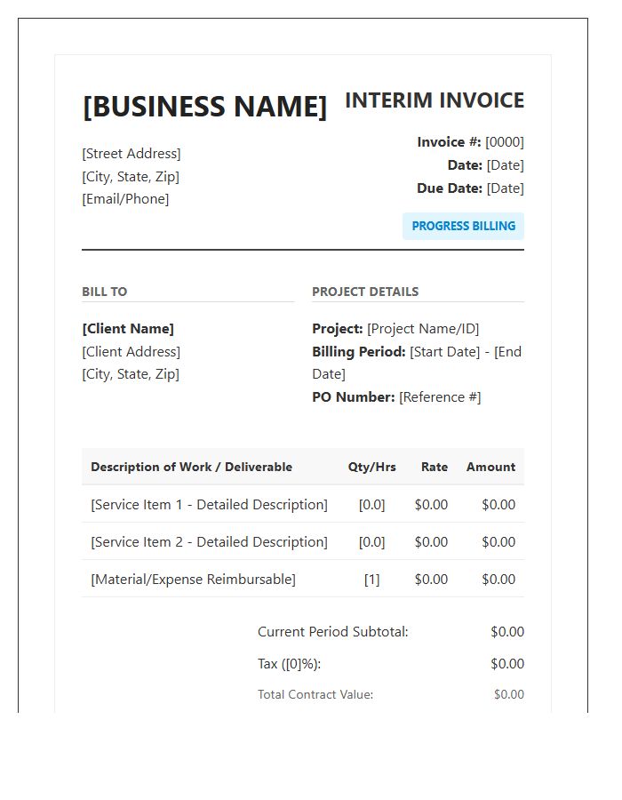 Detailed Interim Billing Invoice Template For Small Business