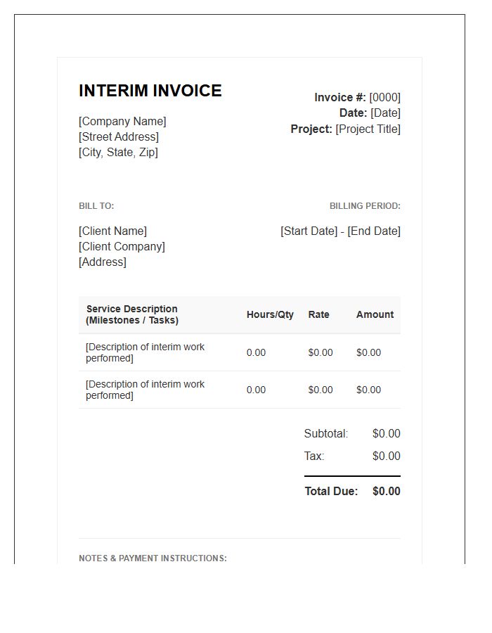 Interim Service Billing Invoice Template For Small Business
