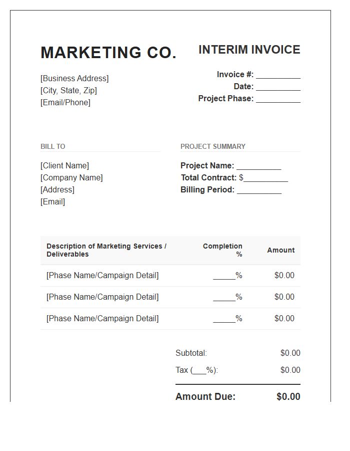 Small Business Marketing Interim Billing Invoice Template