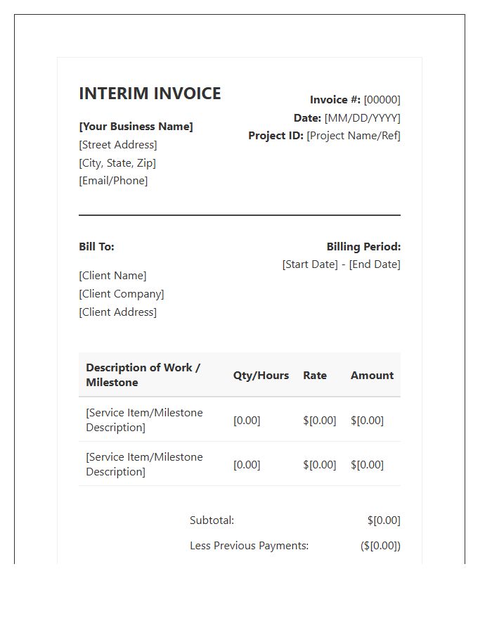 Small Business Professional Interim Billing Invoice Template