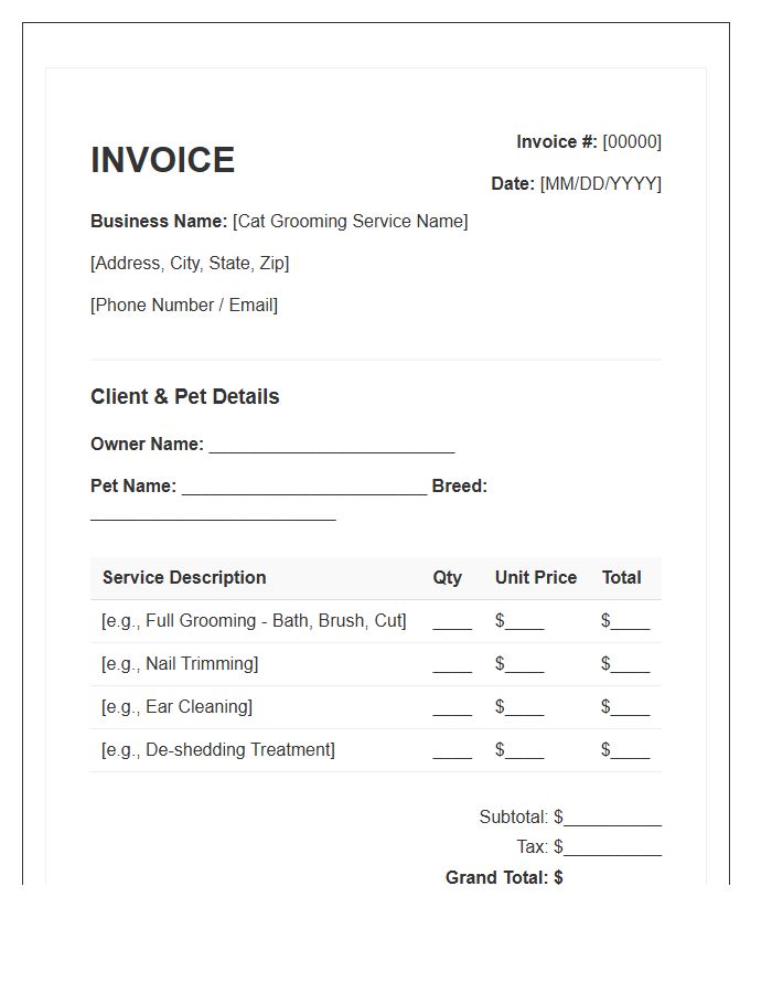 Cat Grooming Service Bill Invoice Template