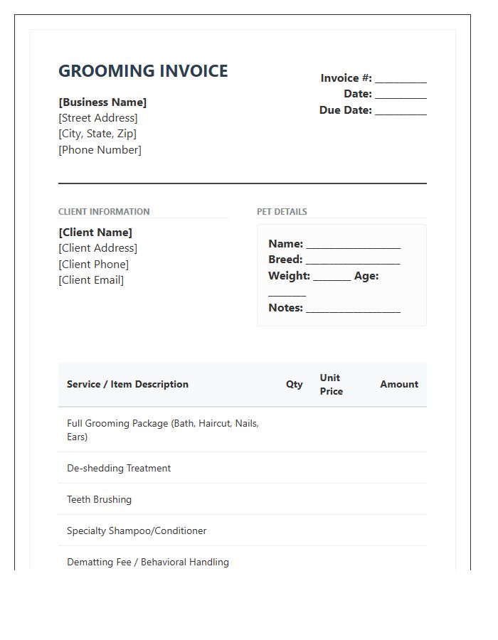 Comprehensive Pet Grooming Invoice Template
