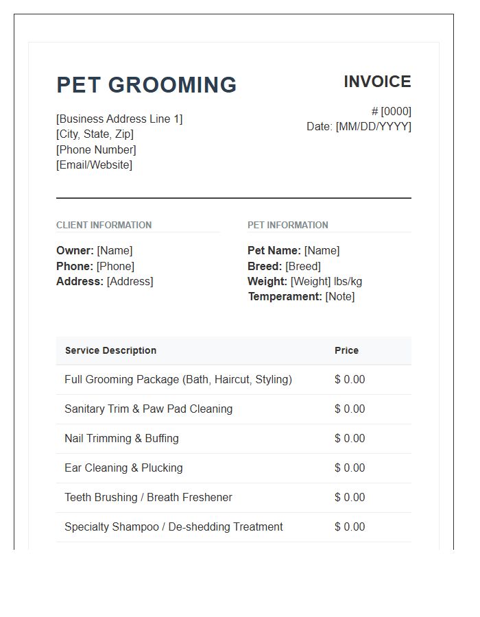 Detailed Pet Grooming Service Invoice Template