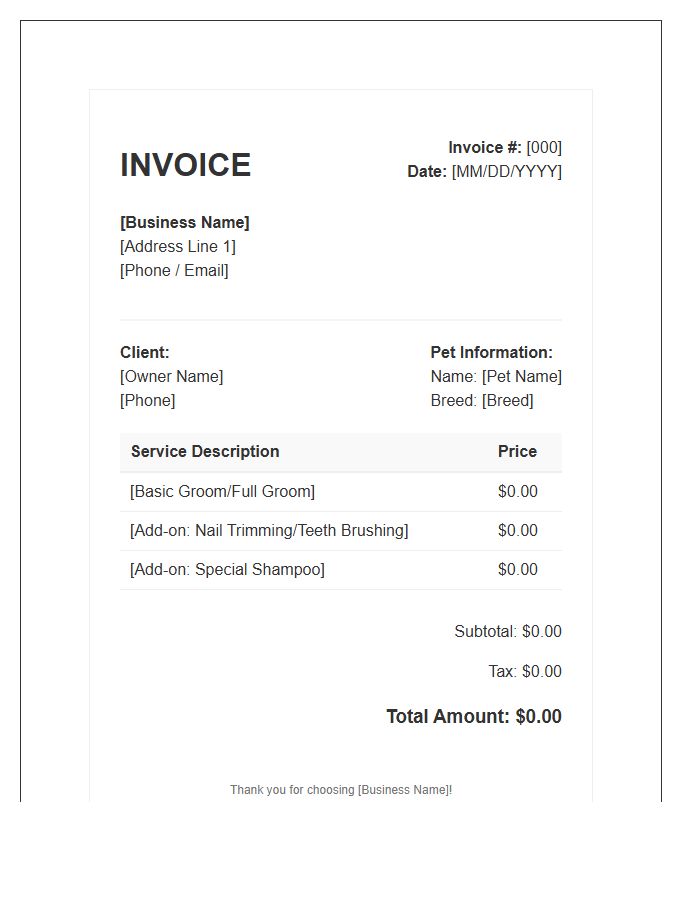 Dog Grooming Appointment Invoice Template