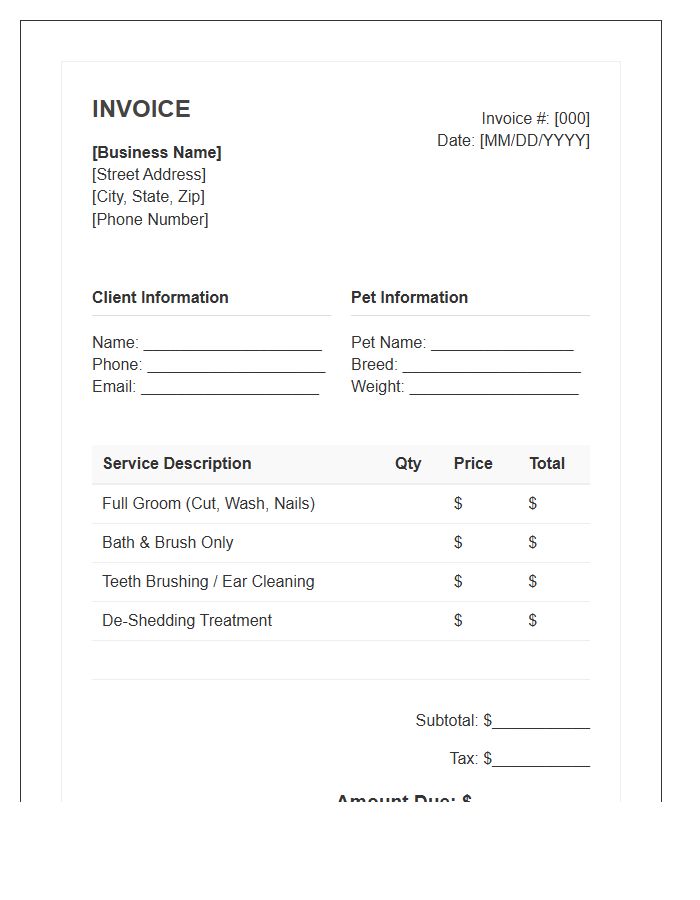 Dog Wash and Grooming Invoice Template