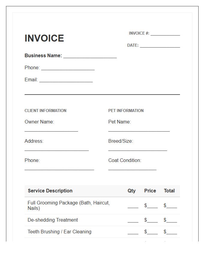 Full Service Pet Grooming Invoice Template
