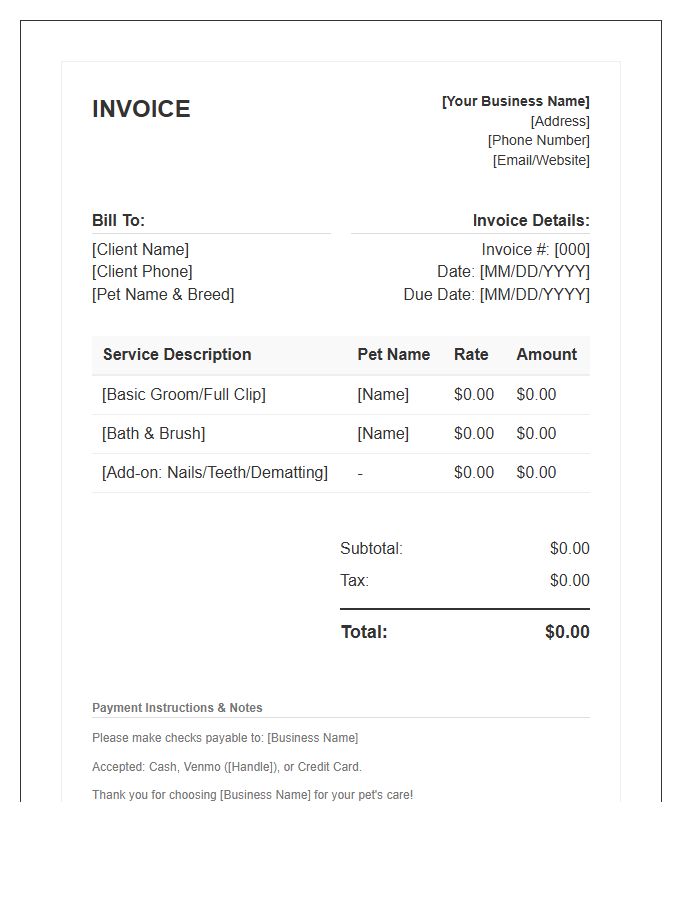 Independent Pet Groomer Invoice Template