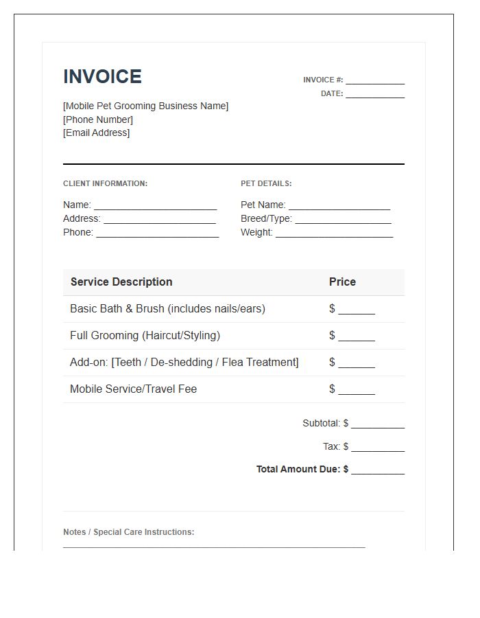Mobile Pet Grooming Business Invoice Template
