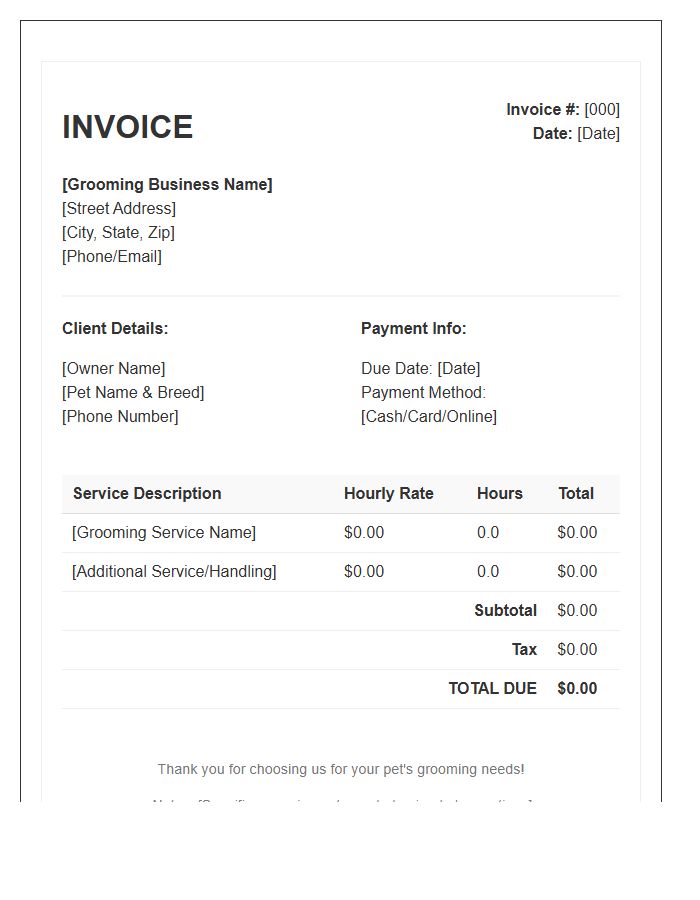 Pet Grooming Hourly Rate Invoice Template