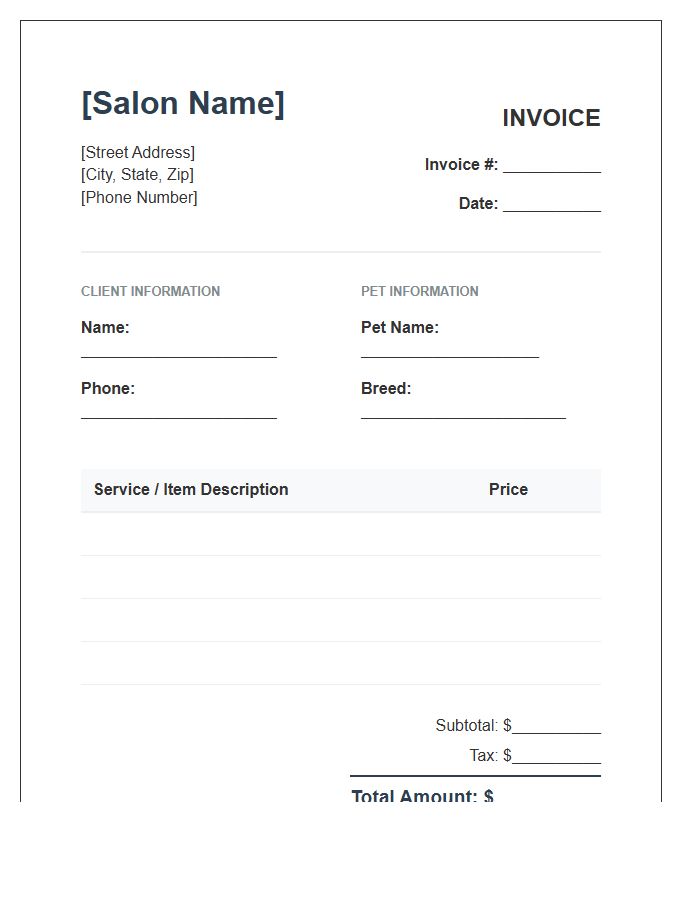 Pet Grooming Salon Billing Invoice Template