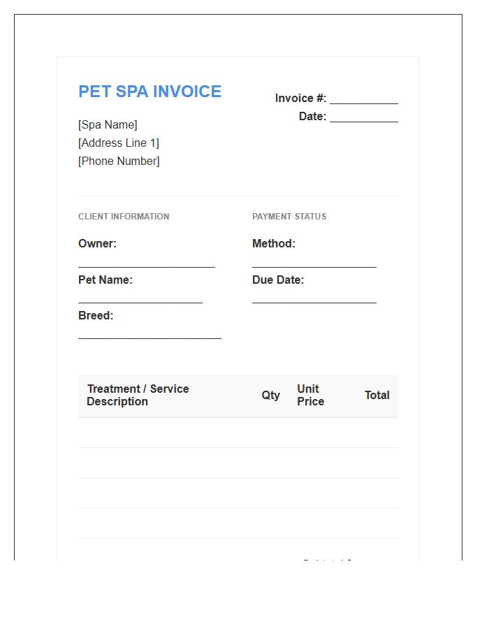Pet Spa Treatment Invoice Template