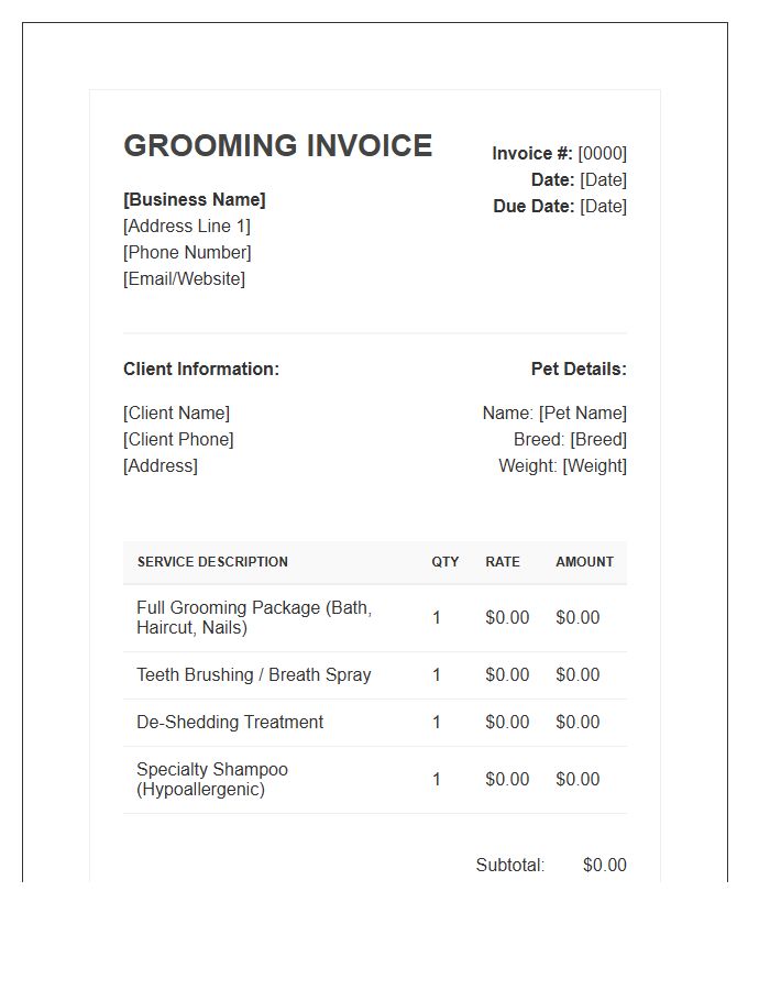 Professional Groomer Service Invoice Template