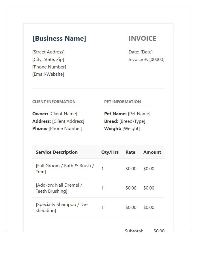 Professional Pet Grooming Service Invoice Template