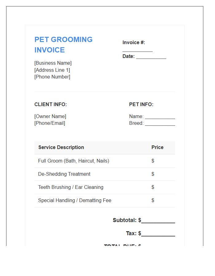 Small Business Pet Grooming Invoice Template