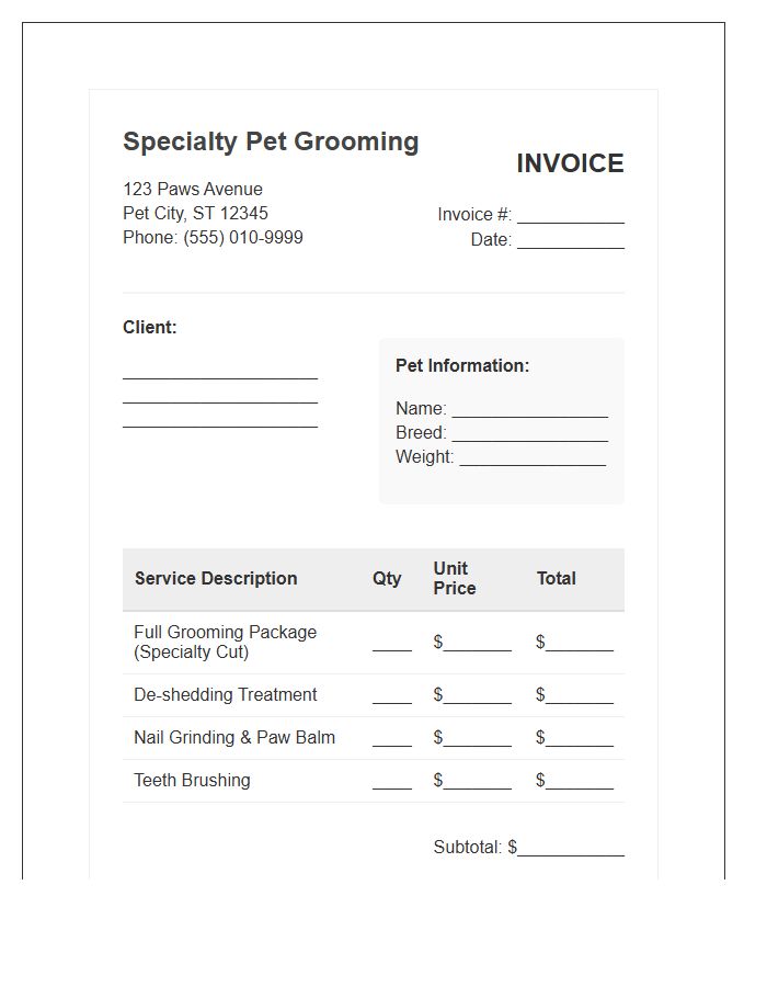 Specialty Pet Grooming Service Invoice Template