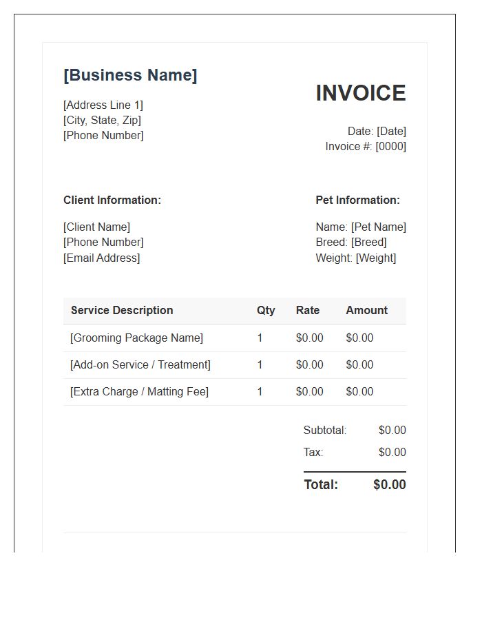 Standard Pet Grooming Business Invoice Template