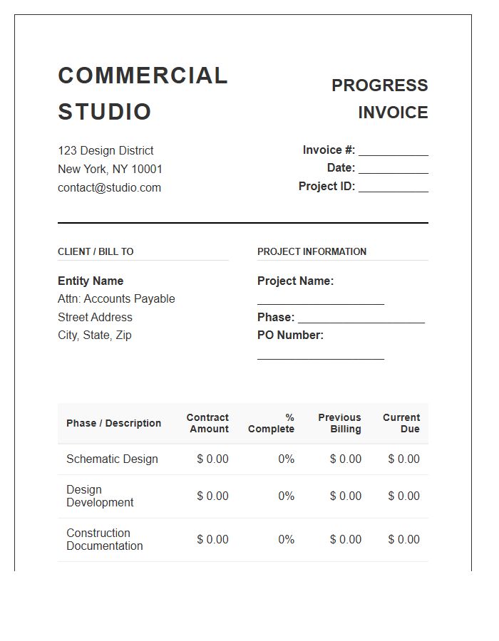 Commercial Interior Design Progress Invoice Template