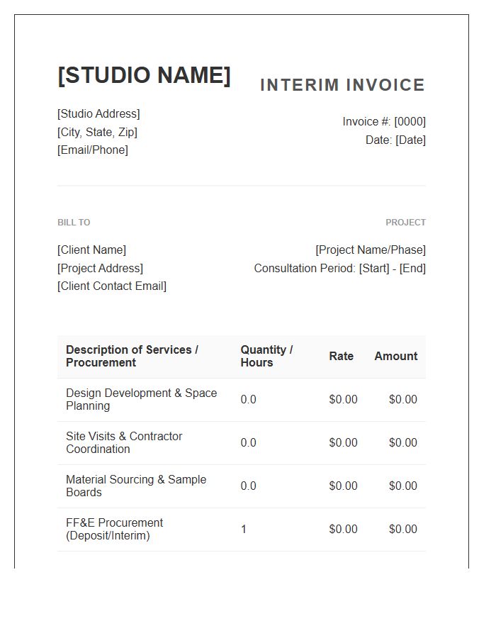 Interior Design Consultation Interim Invoice Template