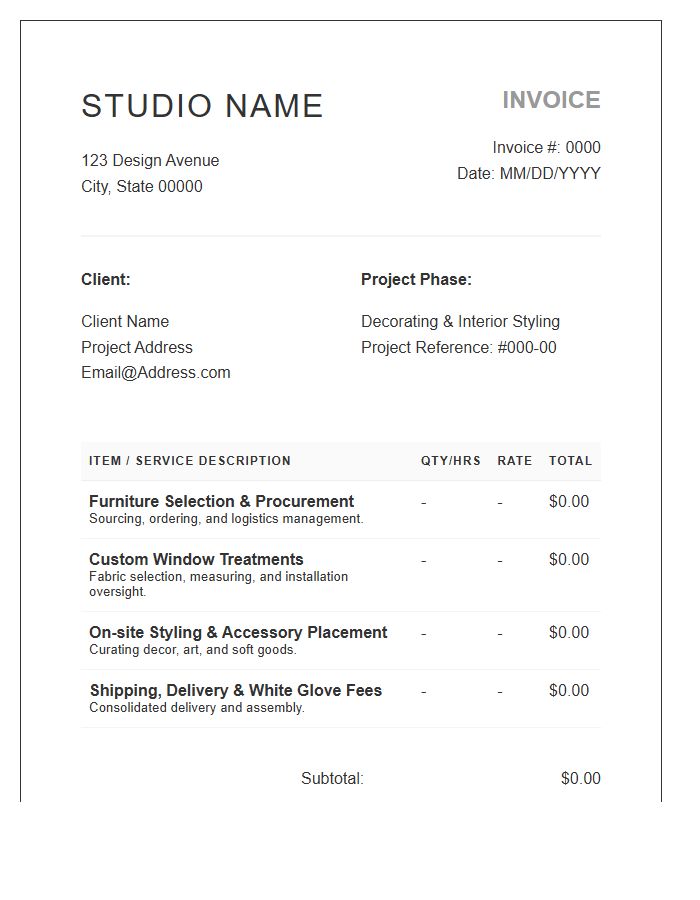 Interior Design Decorating Phase Invoice Template