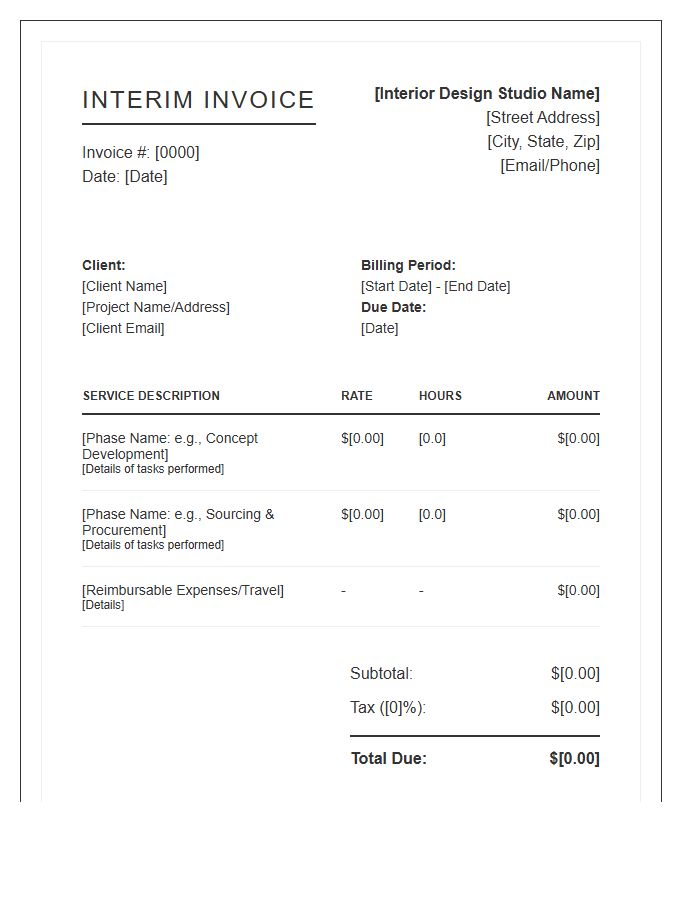 Interior Design Hourly Rate Interim Invoice Template