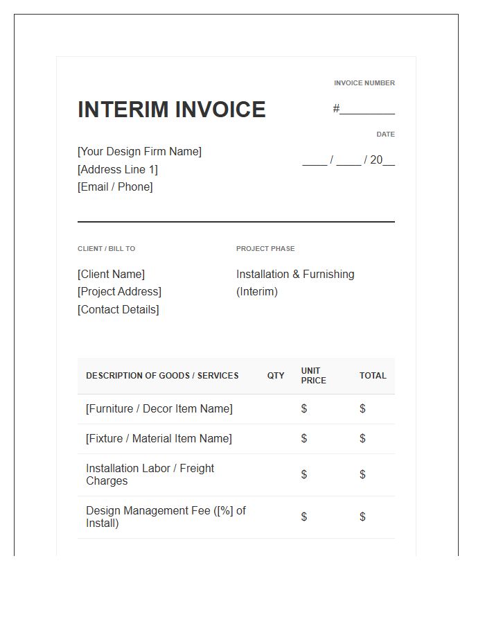 Interior Design Installation Interim Invoice Template