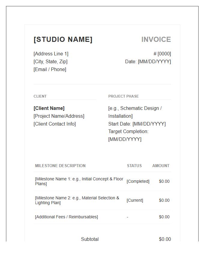 Interior Design Milestone Billing Invoice Template