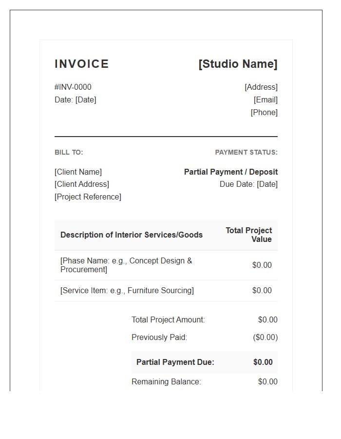 Interior Design Partial Payment Invoice Template