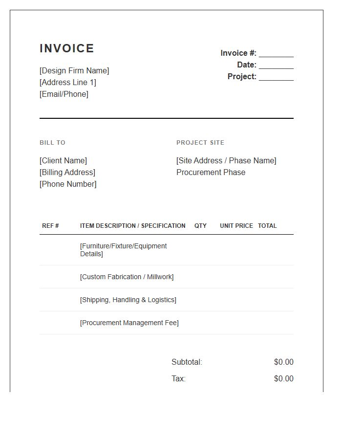 Interior Design Procurement Phase Invoice Template
