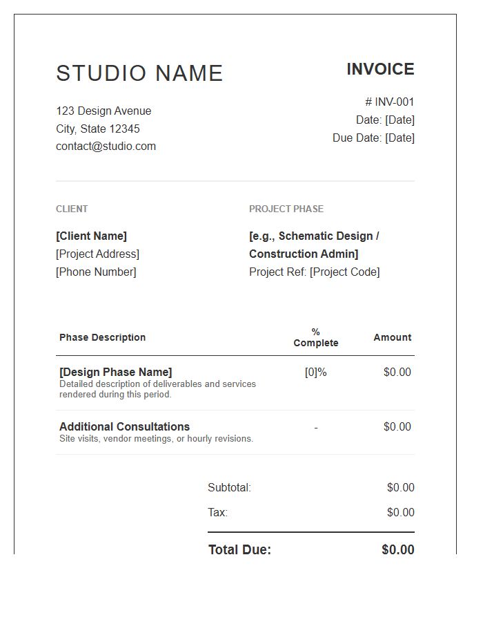 Interior Design Project Phase Invoice Template