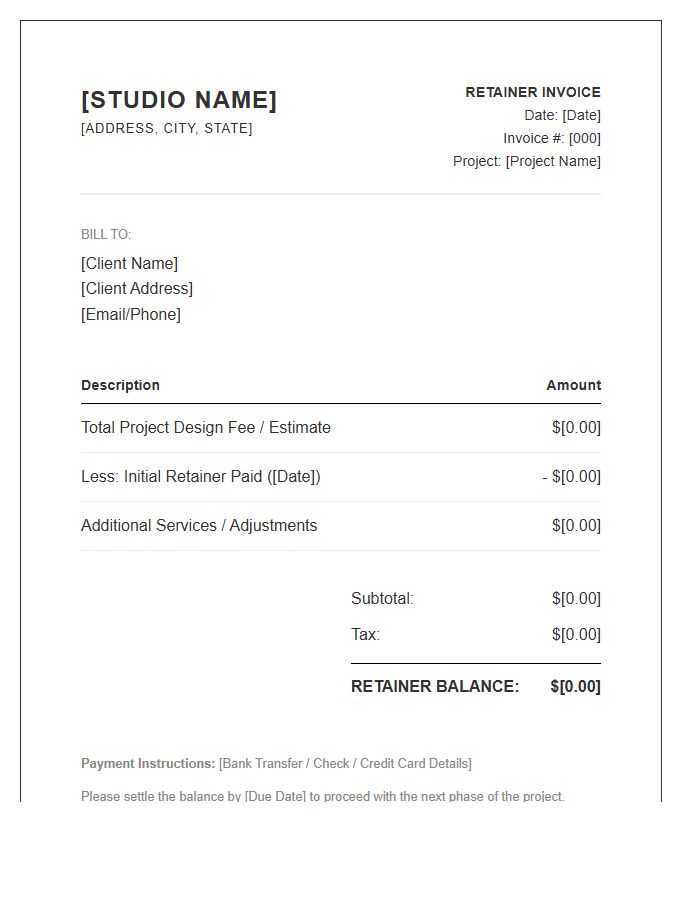 Interior Design Retainer Balance Invoice Template