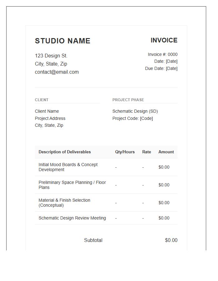 Interior Design Schematic Design Invoice Template