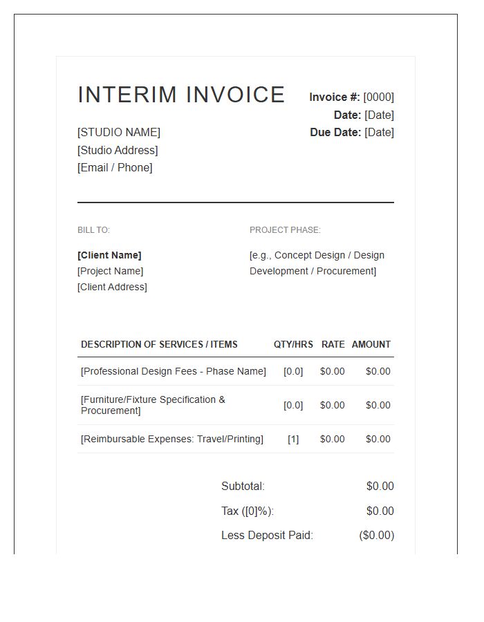 Professional Interior Design Interim Invoice Template